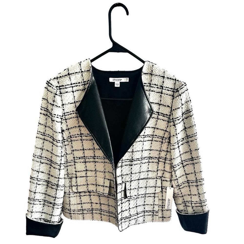 Chico’s | Tweed Leather Trim | Moto Blazer Jacket | Women’s Size 6 | NWT
